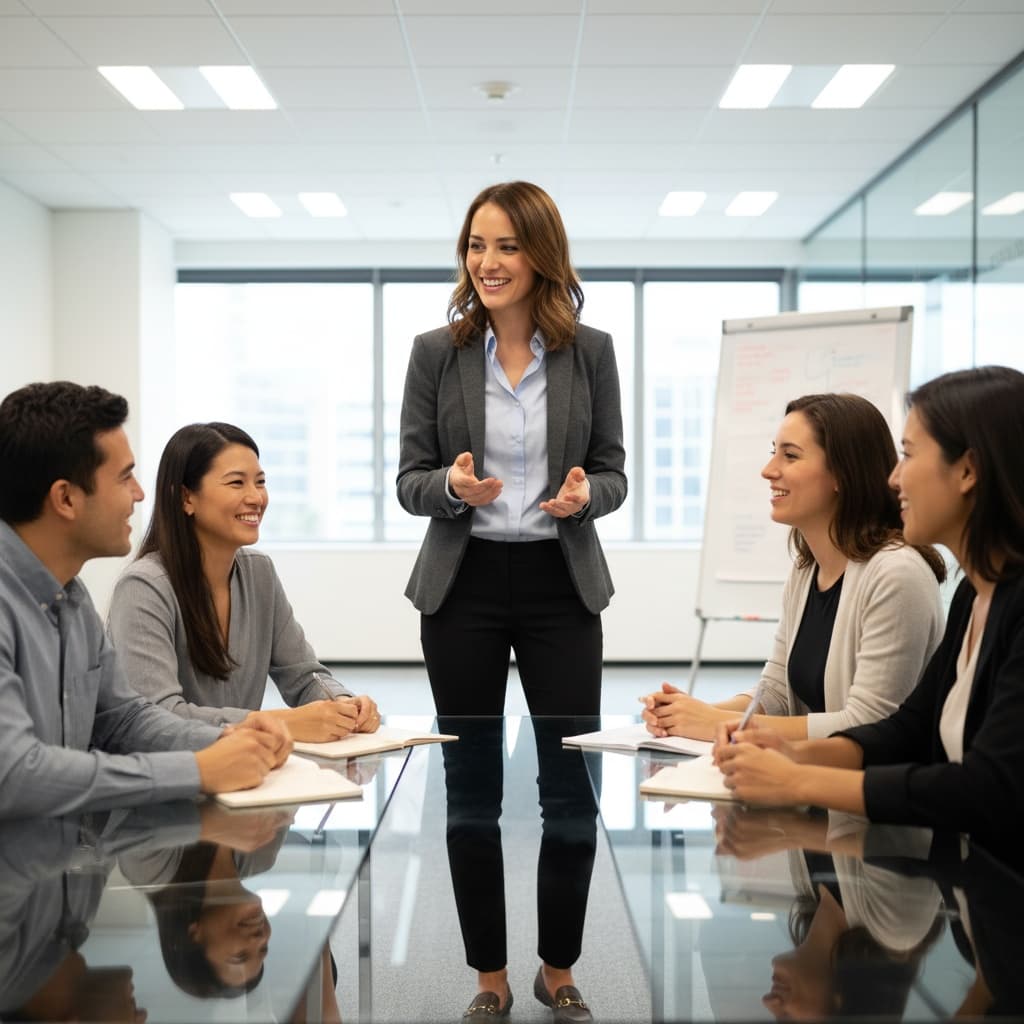 petite white woman interactive group discussion 76905662