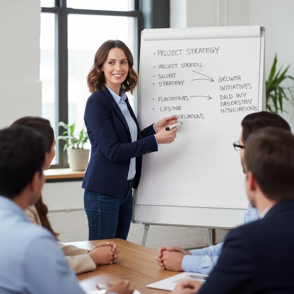 petite white woman leading workshop whiteboard 71118979