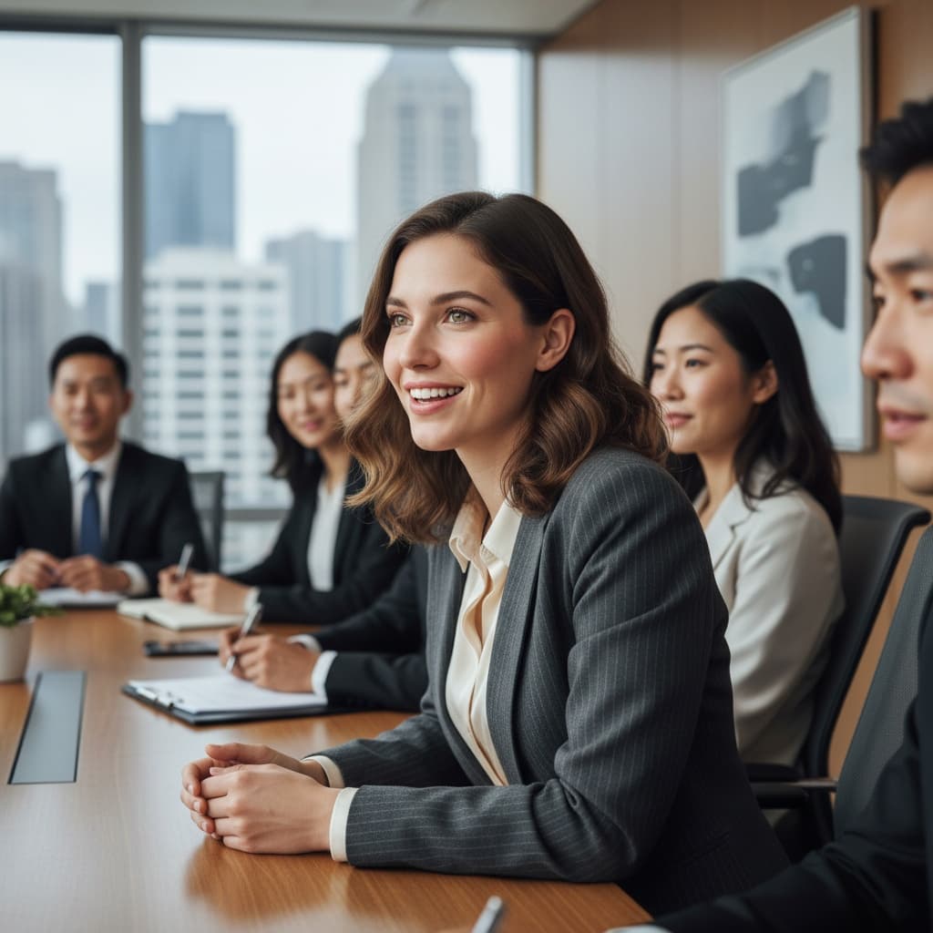 petite white woman listening executive table 43335430