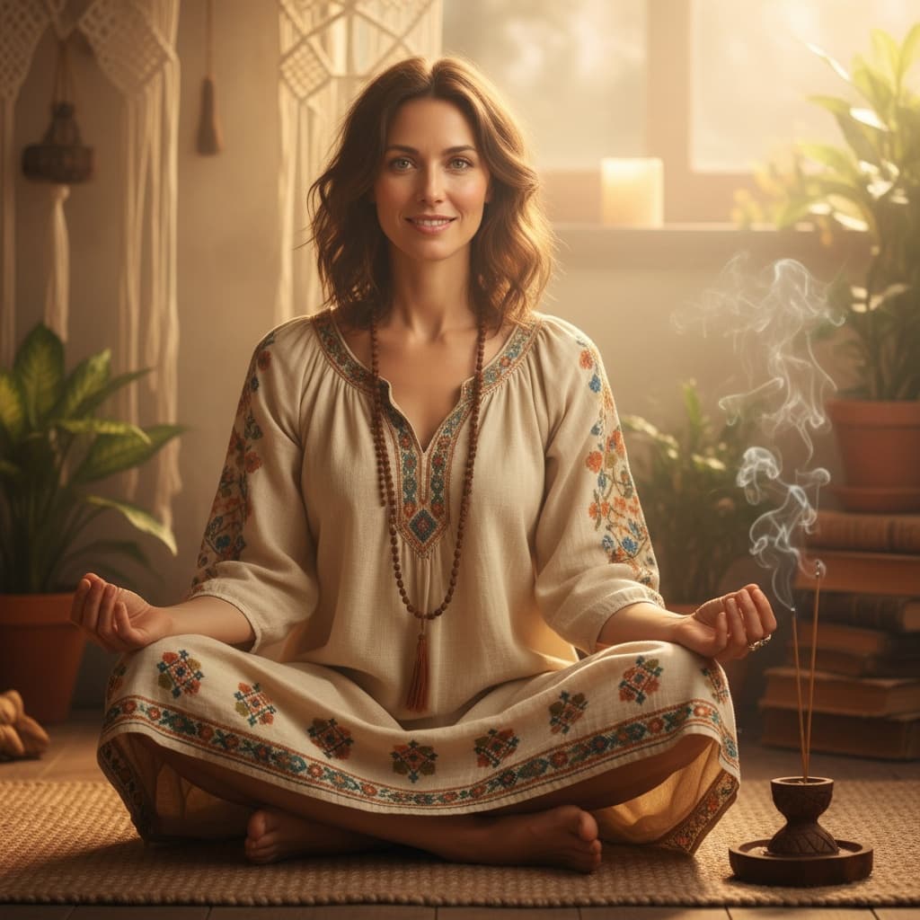 petite white woman meditation spiritual portrait 93826673