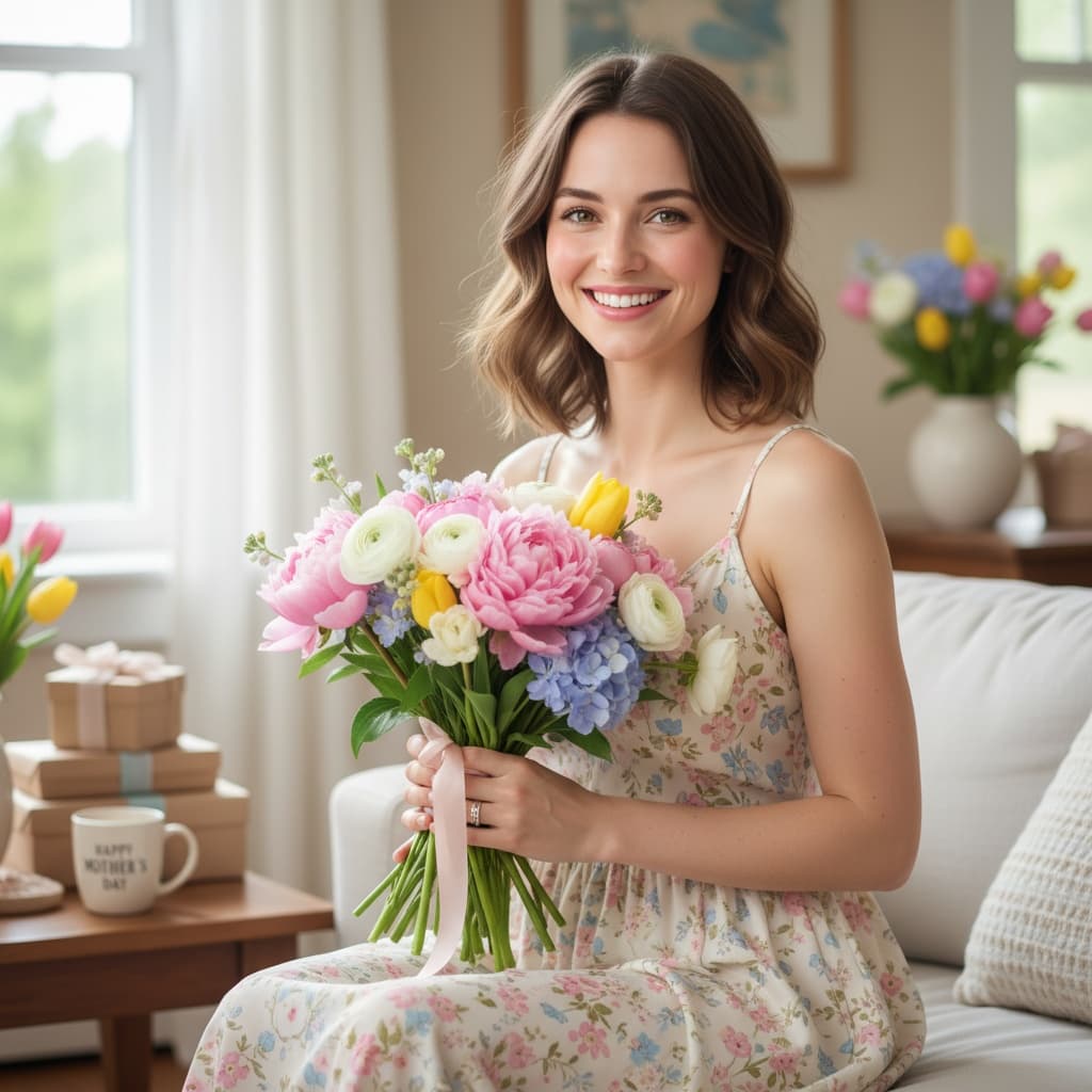 petite white woman mom with flower bouquet 41380954