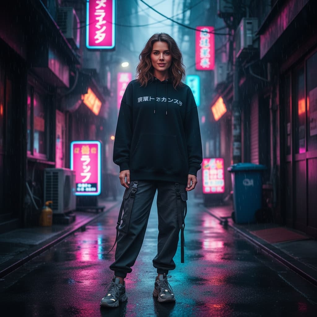 petite white woman neon lit alley portrait 45825938