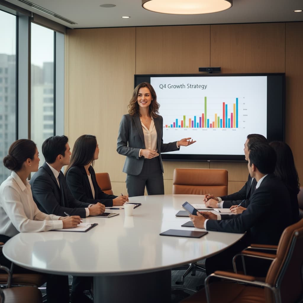 petite white woman presenting to executives 12864009