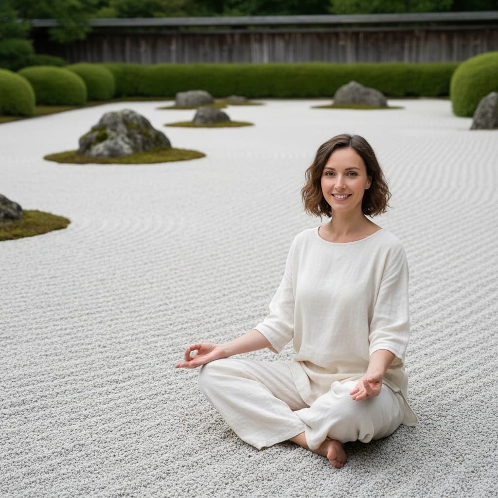 petite white woman raked gravel garden wide 71995384