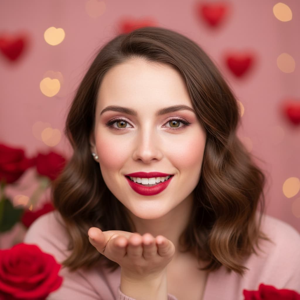 petite white woman red lipstick kiss 74120791