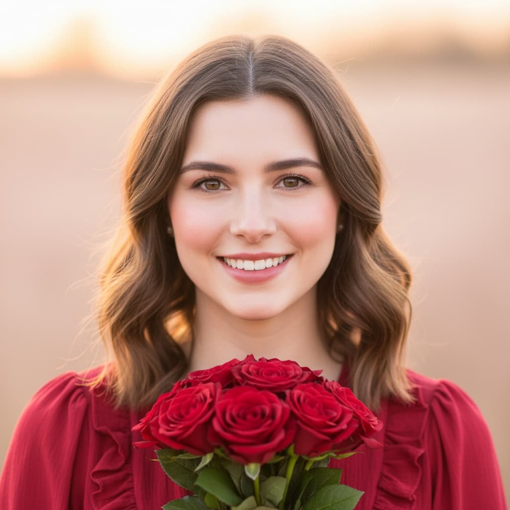 petite white woman romantic rose bouquet portrait 17478239