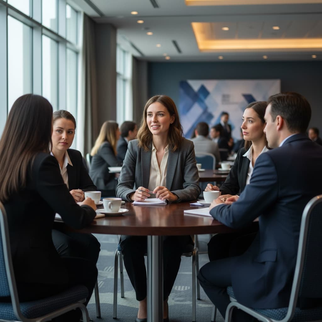 petite white woman seated roundtable discussion 99997130