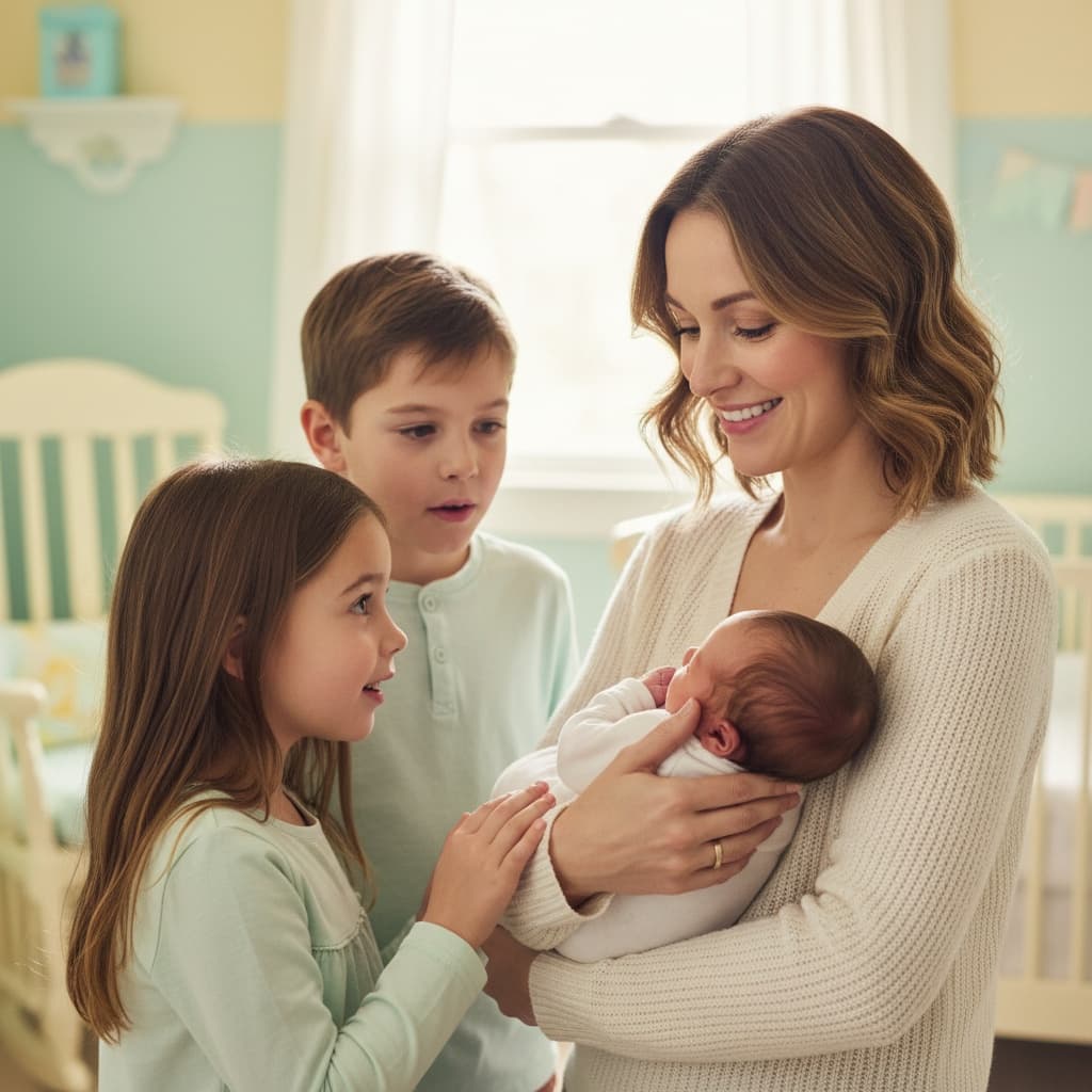 petite white woman siblings meeting newborn 41365209