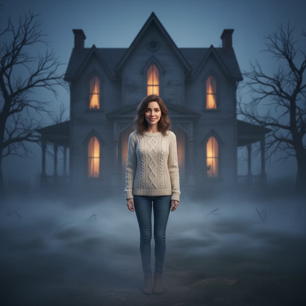 petite white woman spooky haunted house 10366080