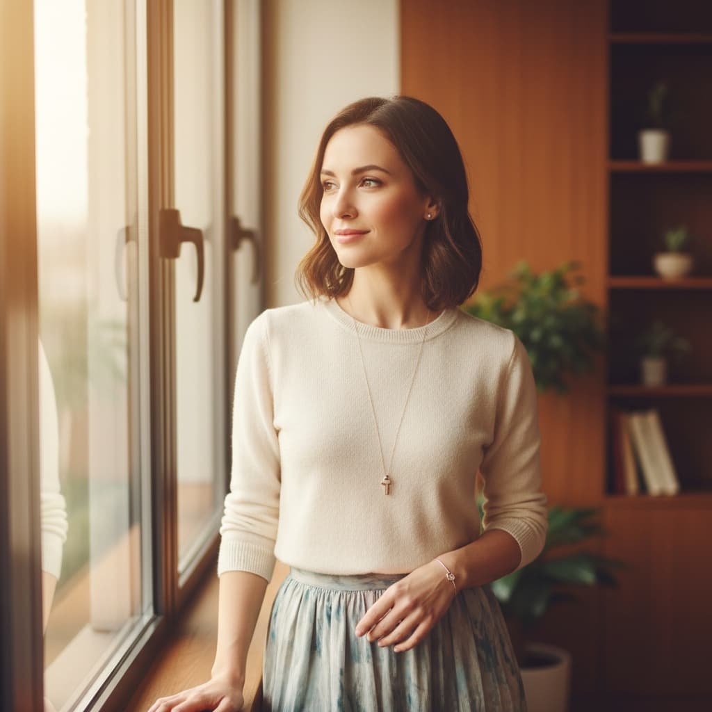 petite white woman standing by window contemplative 20670142