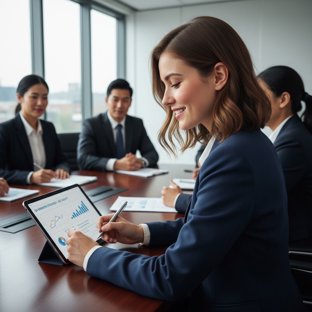 petite white woman taking notes executive meeting 39403874