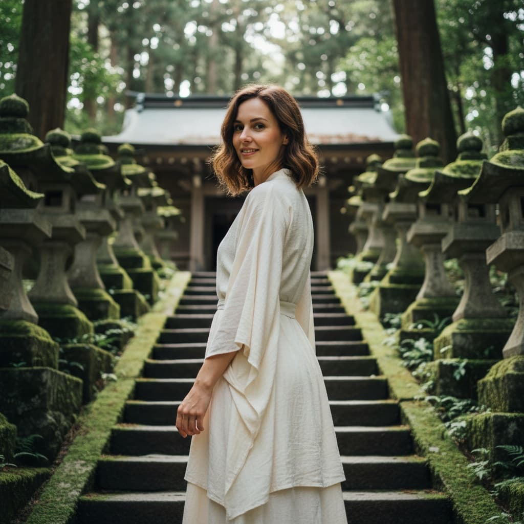 petite white woman temple steps lanterns 64430246