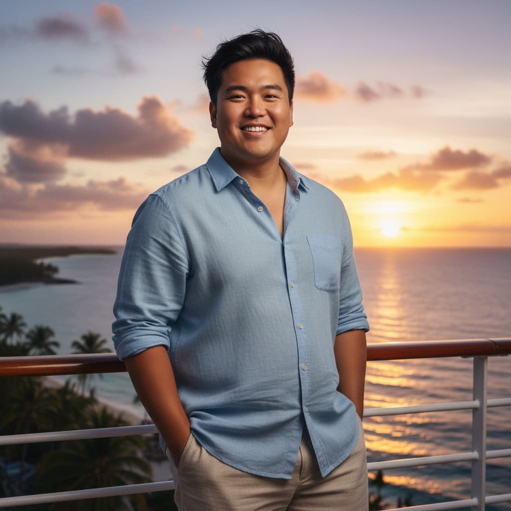 plus_size asian man cruise ship deck sunset 78140922