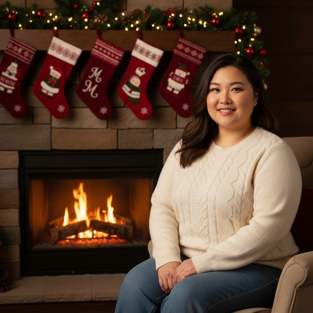 plus_size asian woman cozy fireplace setting 22162438