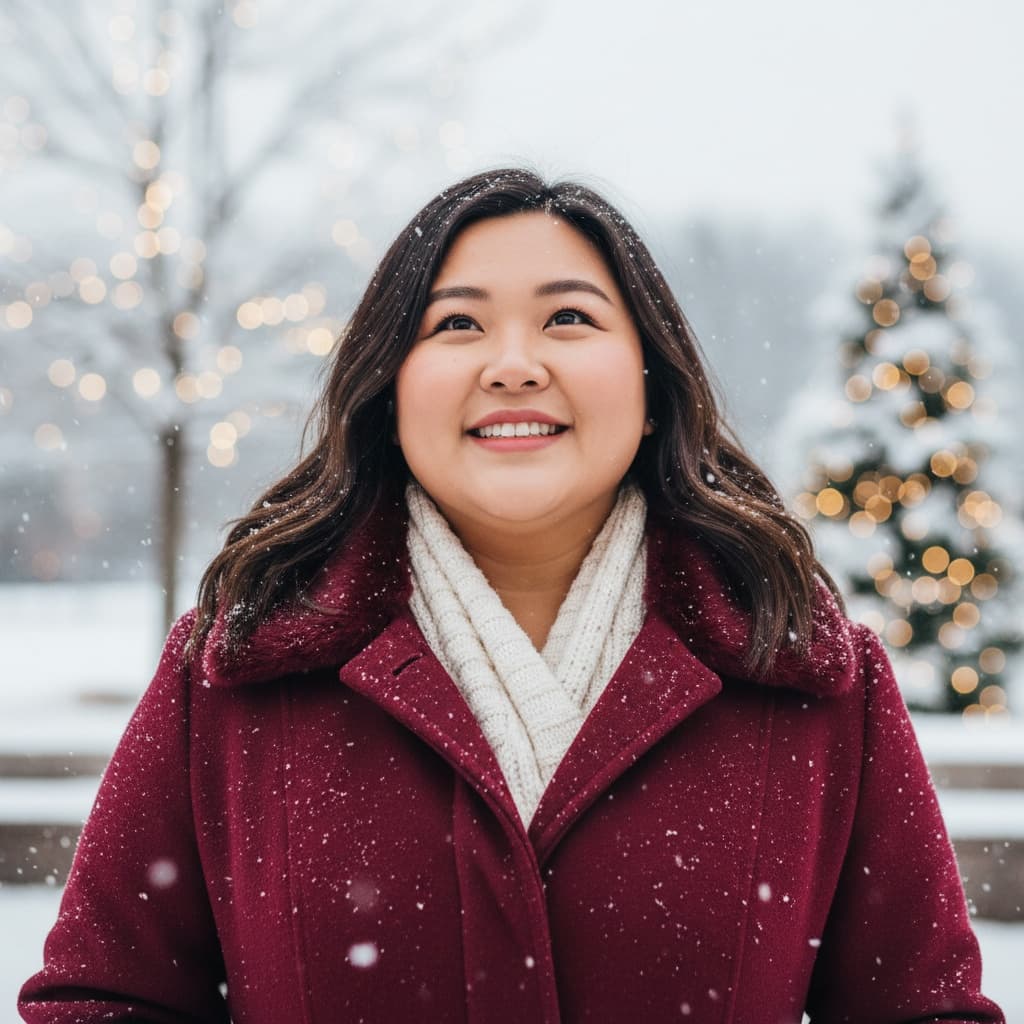 plus_size asian woman snowy outdoor portrait 90009700