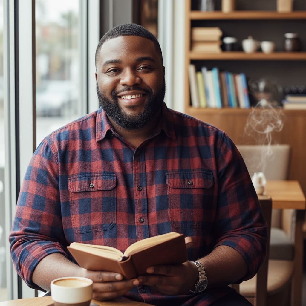 plus_size black man coffee shop casual setting 49178736