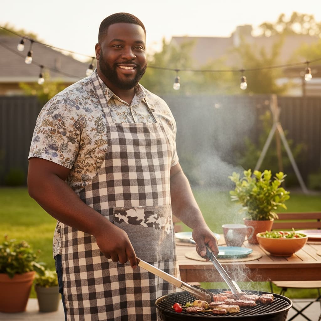 plus_size black man dad grilling backyard 38550443