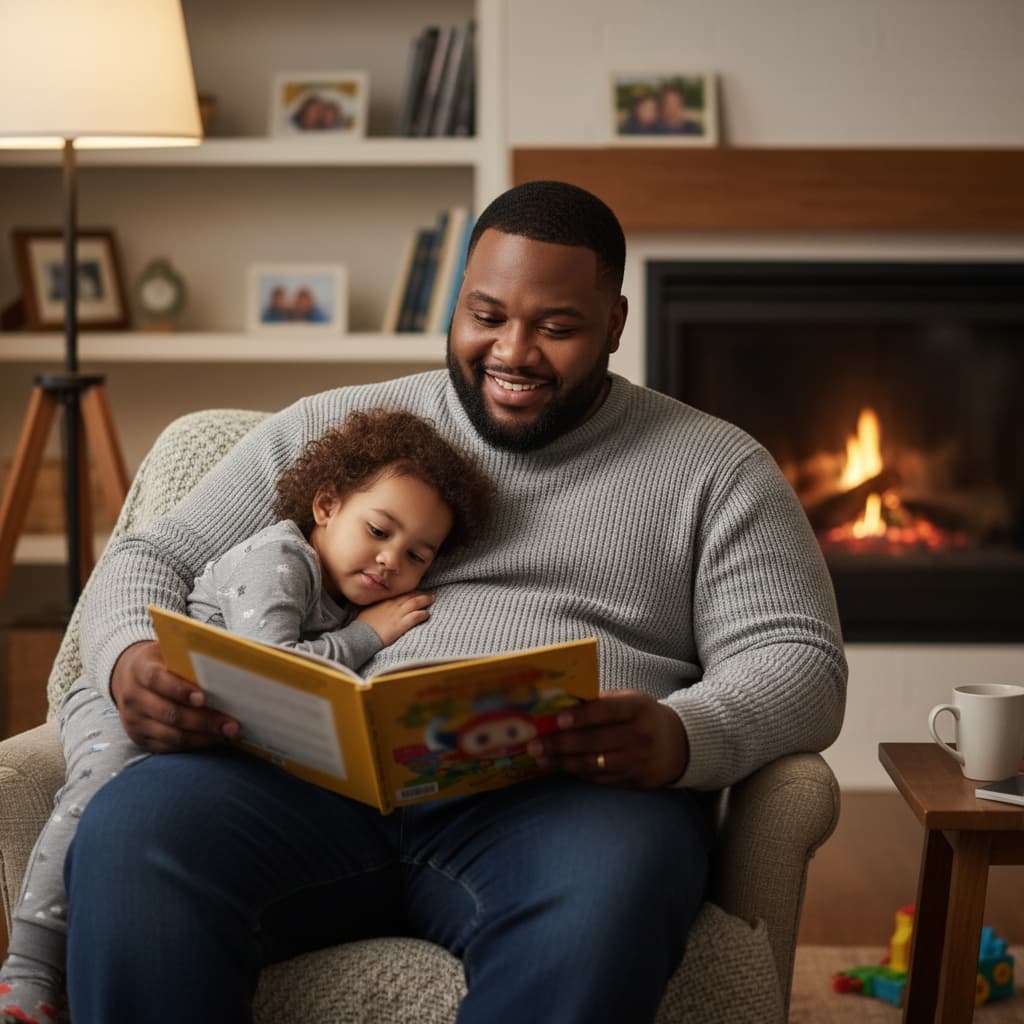 plus_size black man dad reading bedtime story 72294334