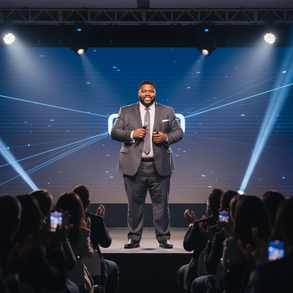 plus_size black man executive presenting product 32009255