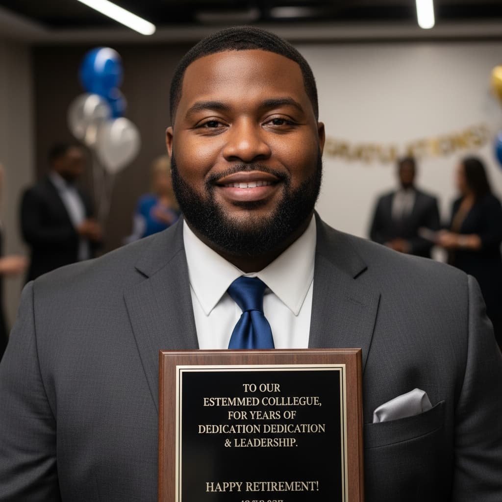 plus_size black man holding retirement plaque 44095346
