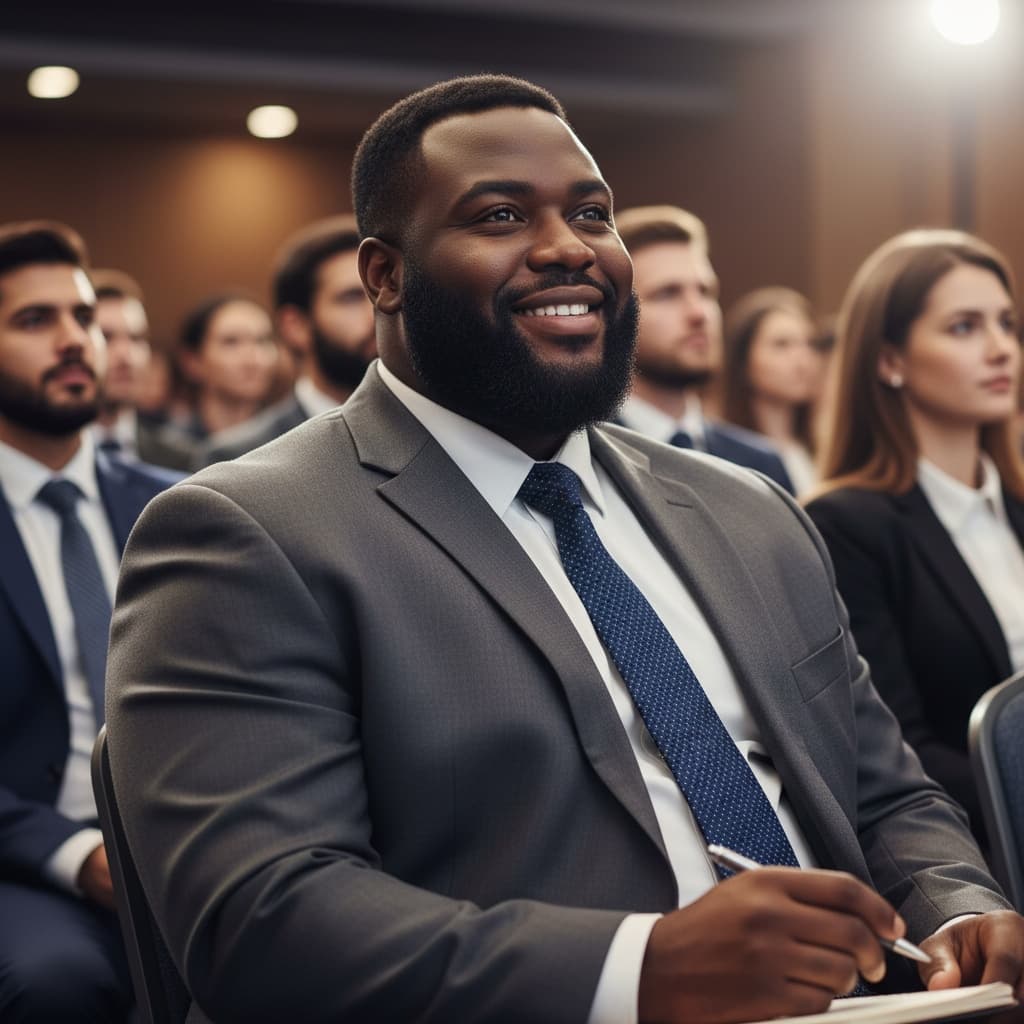 plus_size black man keynote audience listening 10782593