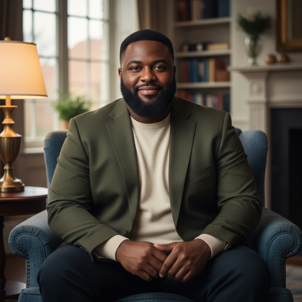 plus_size black man seated reflection portrait 57785582