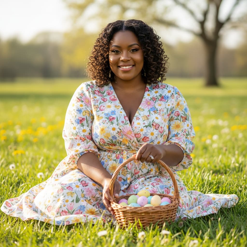 plus_size black woman easter basket outdoor scene 63273463