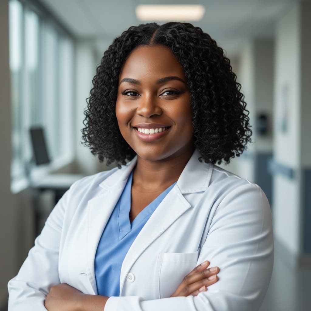 plus_size black woman lab coat arms crossed 72196735