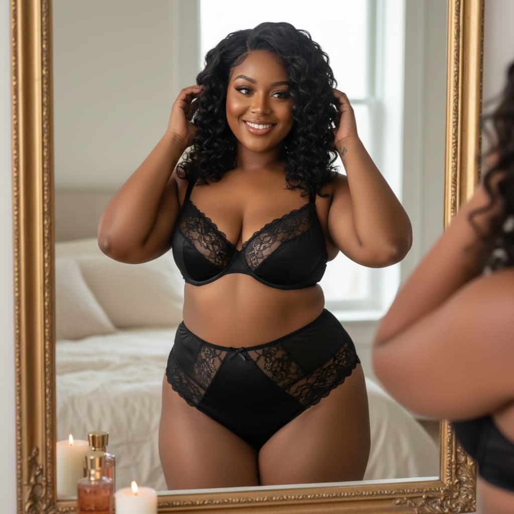 plus_size black woman standing mirror reflection 46183358