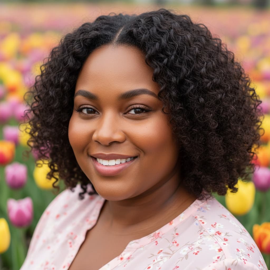 plus_size black woman tulip field closeup portrait 92186521
