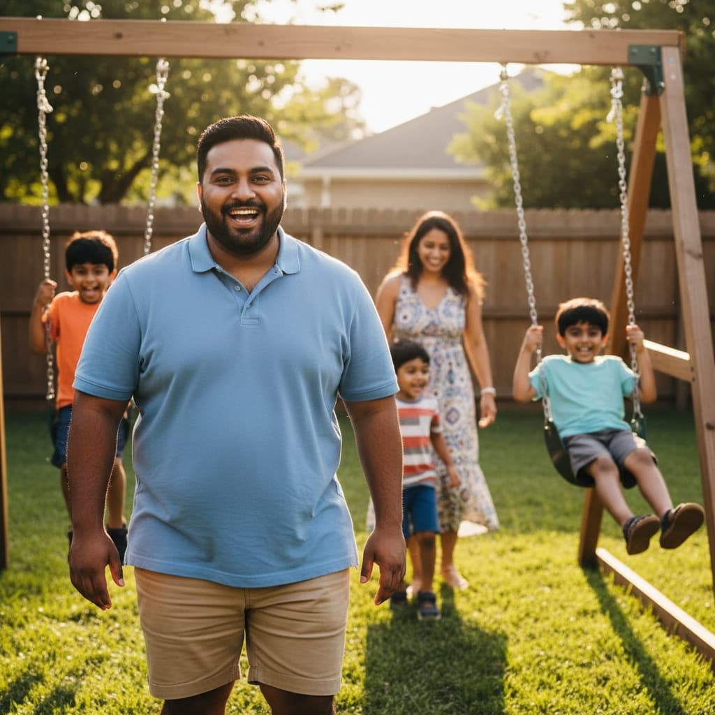 plus_size indian man backyard play action 95301261
