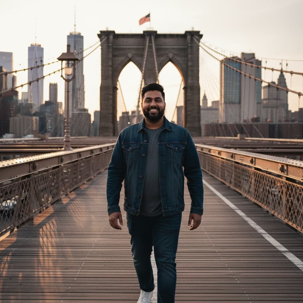 plus_size indian man brooklyn bridge walkway 79736649