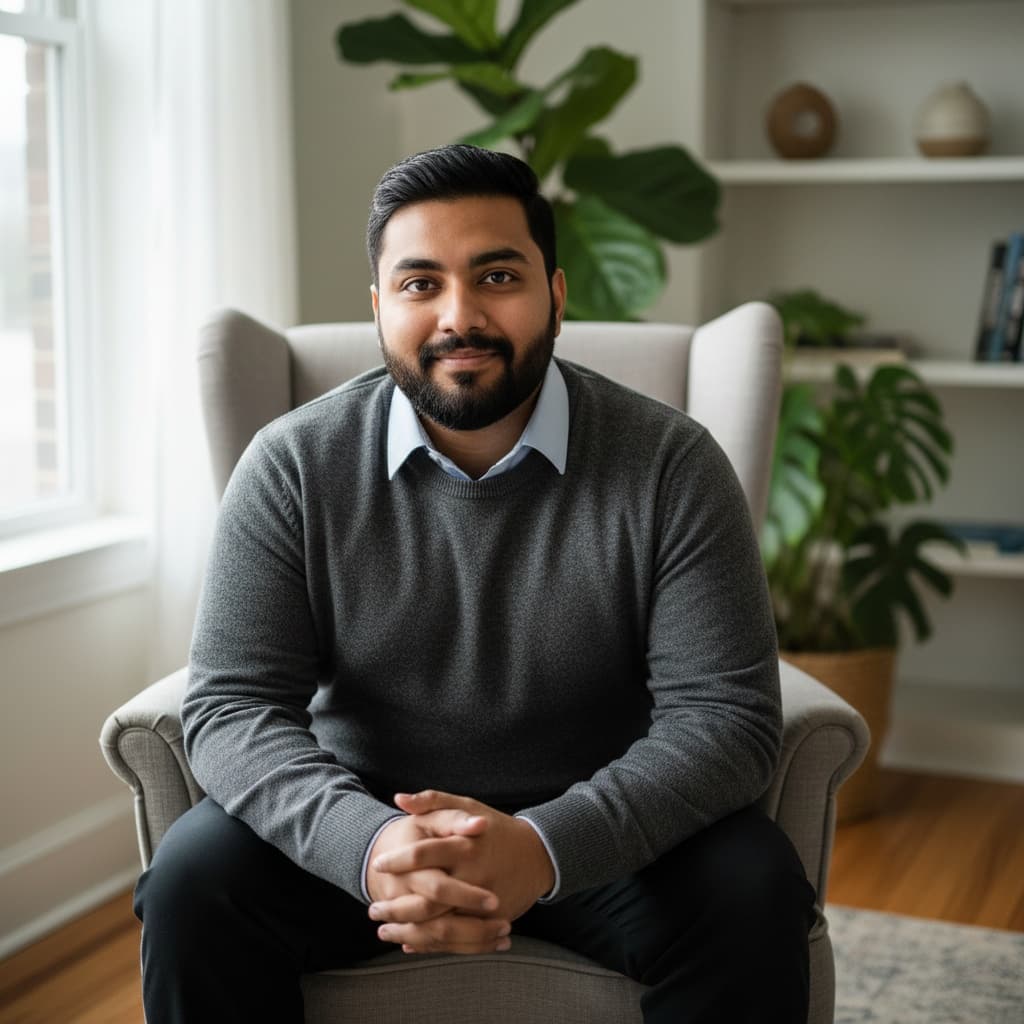 plus_size indian man seated consulting room 37043866