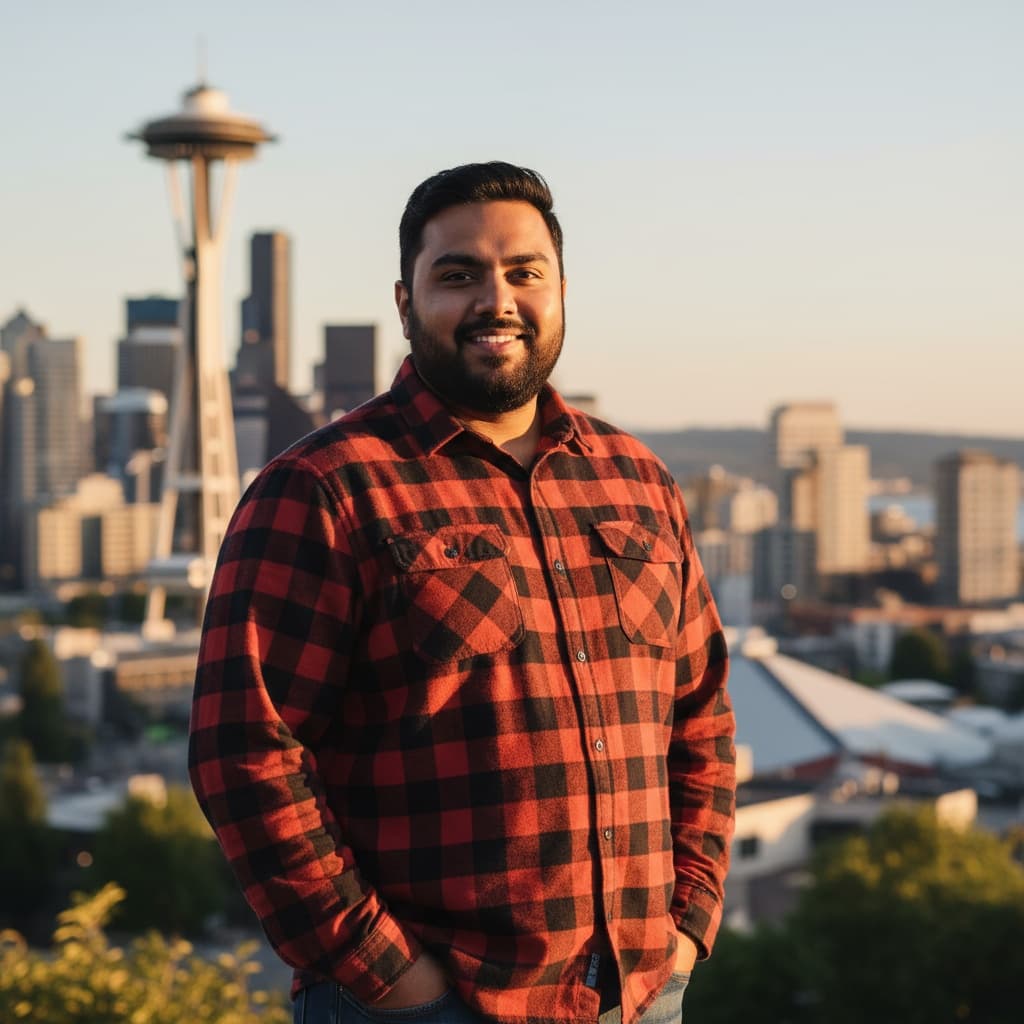 plus_size indian man space needle golden hour 43602274