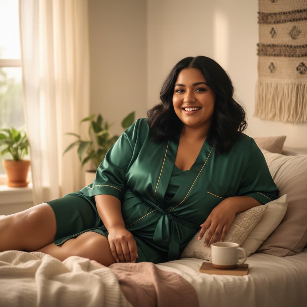plus_size indian woman bedroom intimate morning 66114106
