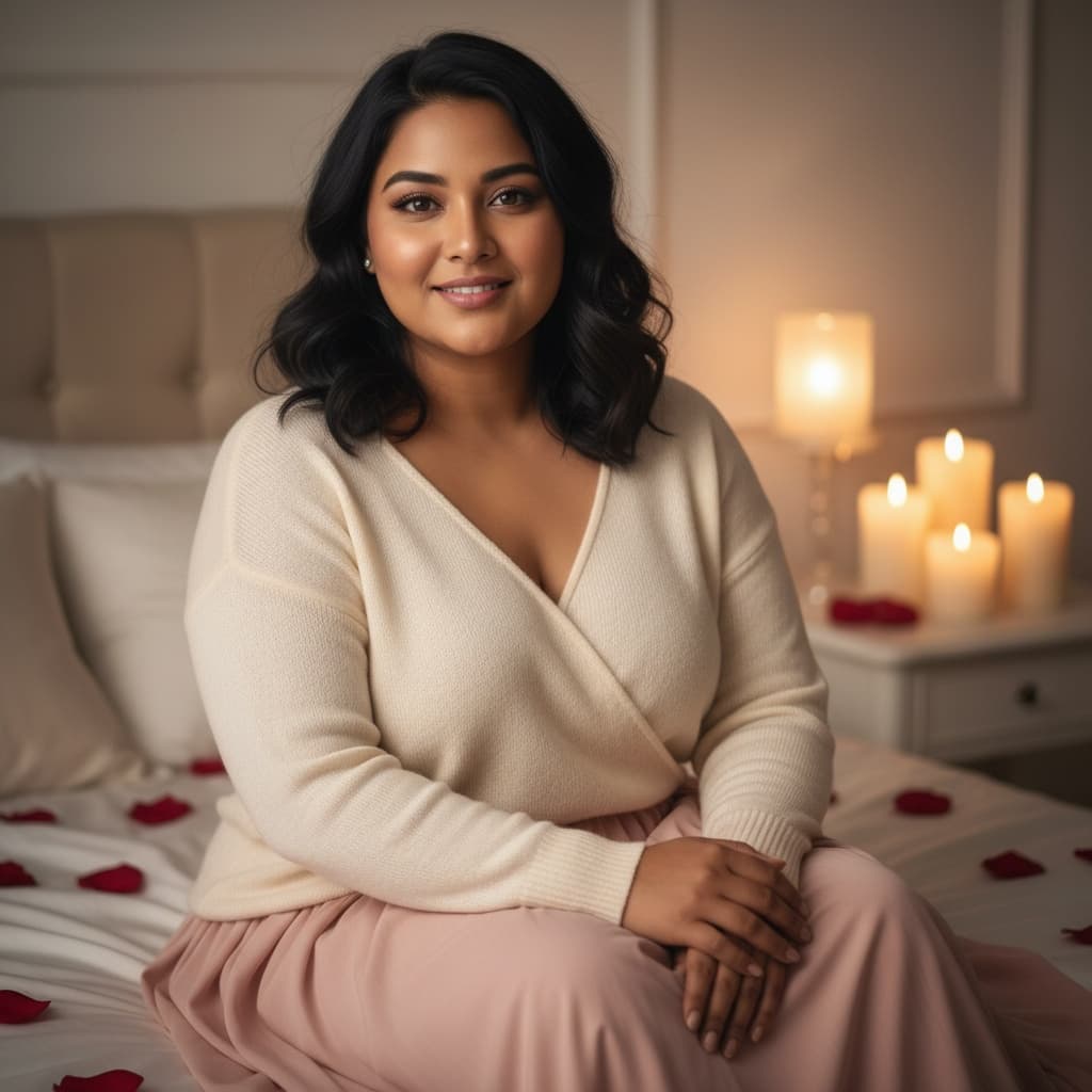 plus_size indian woman bedroom romantic portrait 36990459