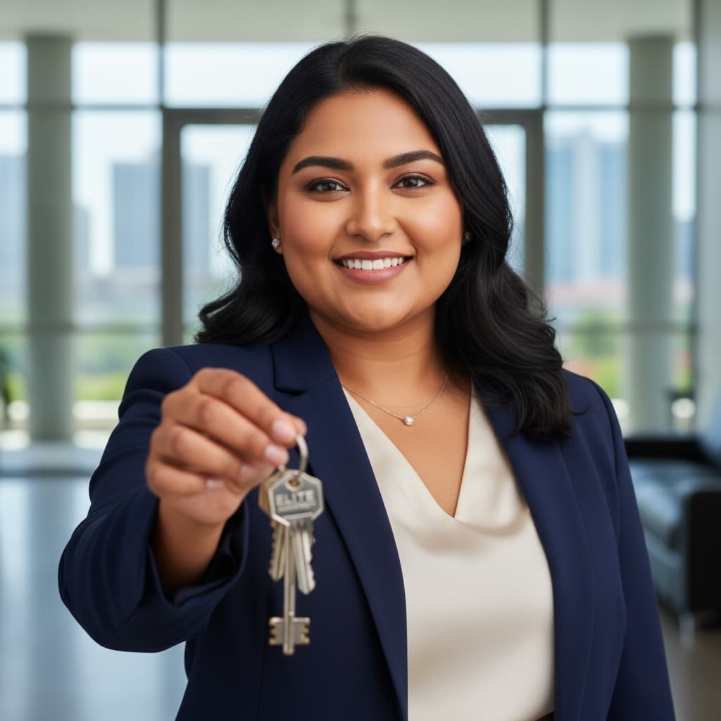 plus_size indian woman keys in hand success 63960681