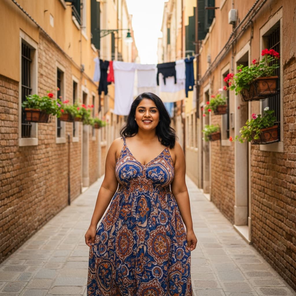plus_size indian woman narrow alley walking 80637293