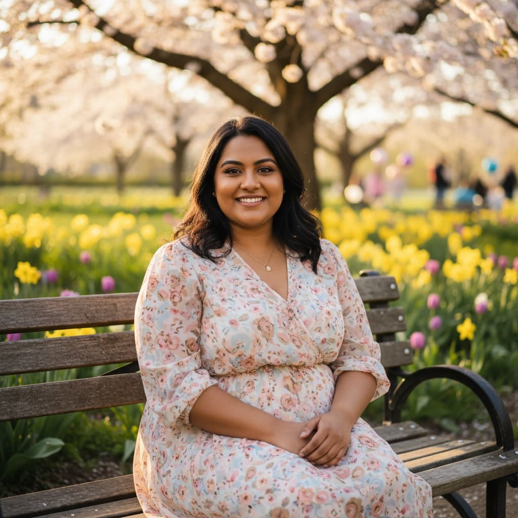 plus_size indian woman outdoor park bench 60943426