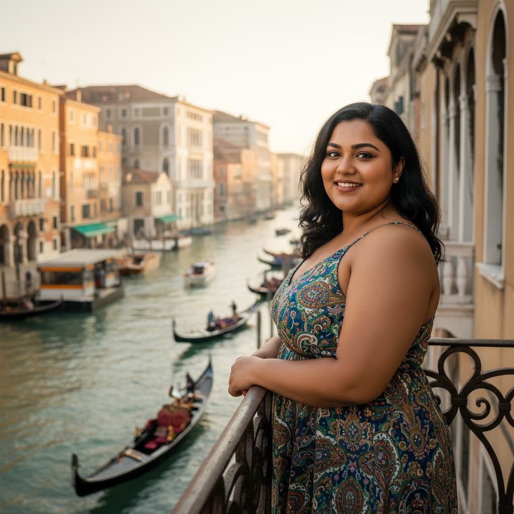 plus_size indian woman waterfront balcony view 85151711