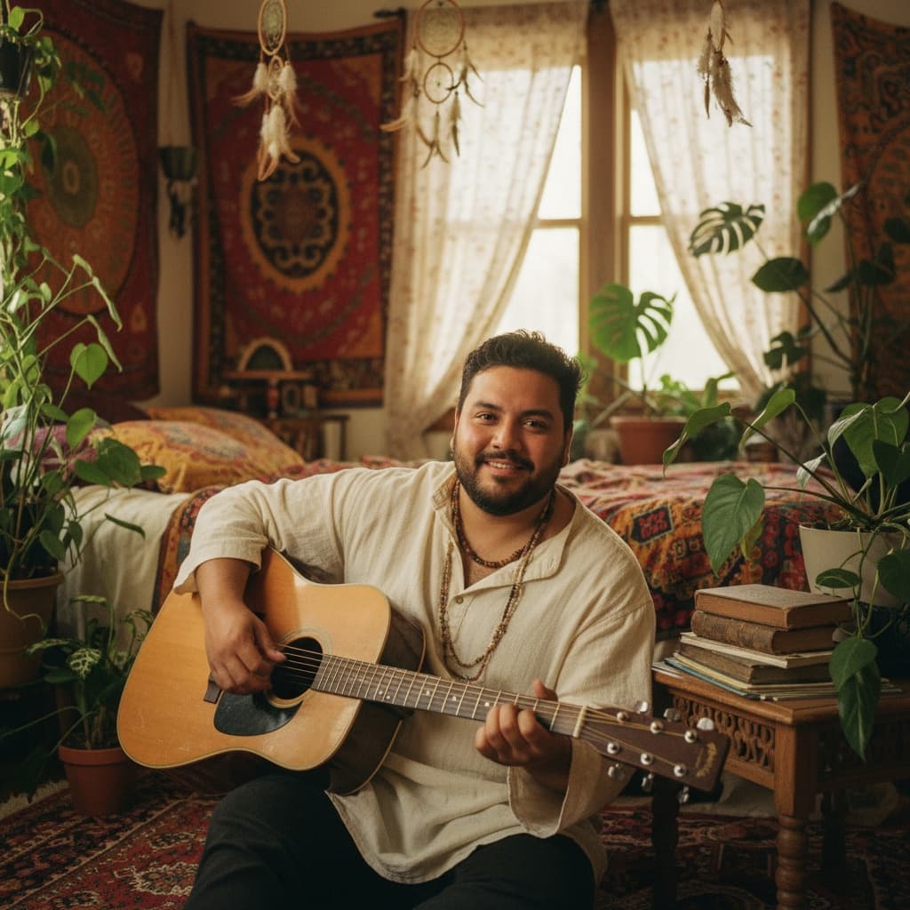 plus_size latino man bohemian bedroom portrait 17359103