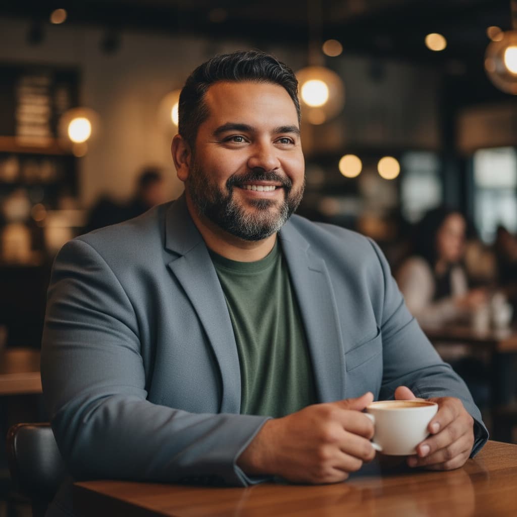 plus_size latino man coffee shop approachable 55088924