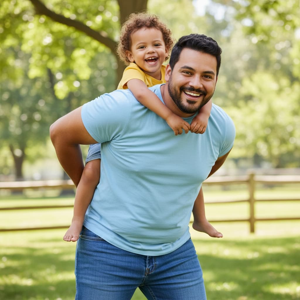 plus_size latino man dad piggyback ride laughing 70651262