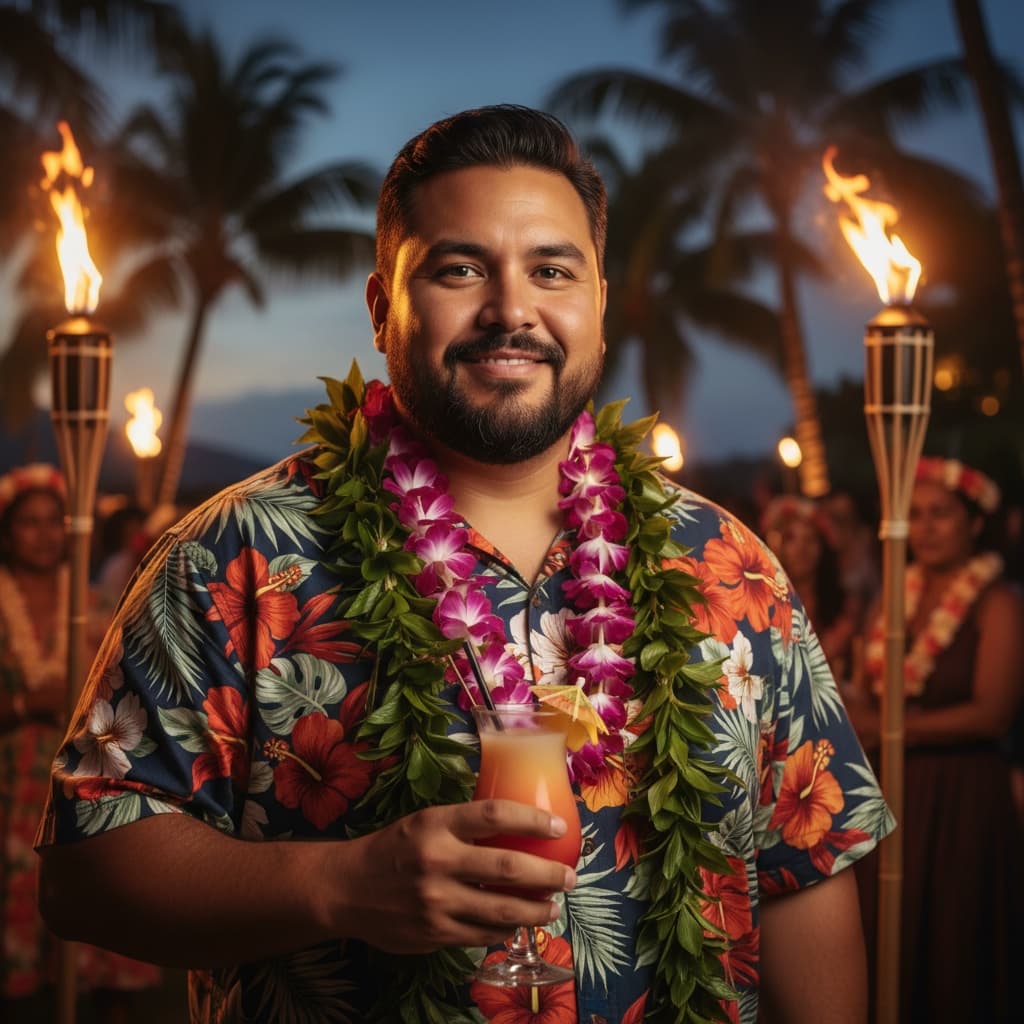 plus_size latino man hawaiian luau celebration 66681647