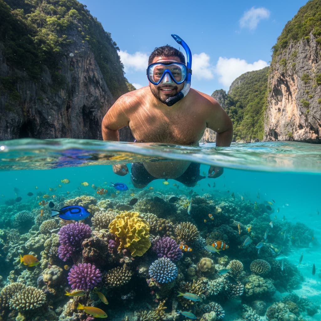 plus_size latino man snorkeling coral reef 82077477