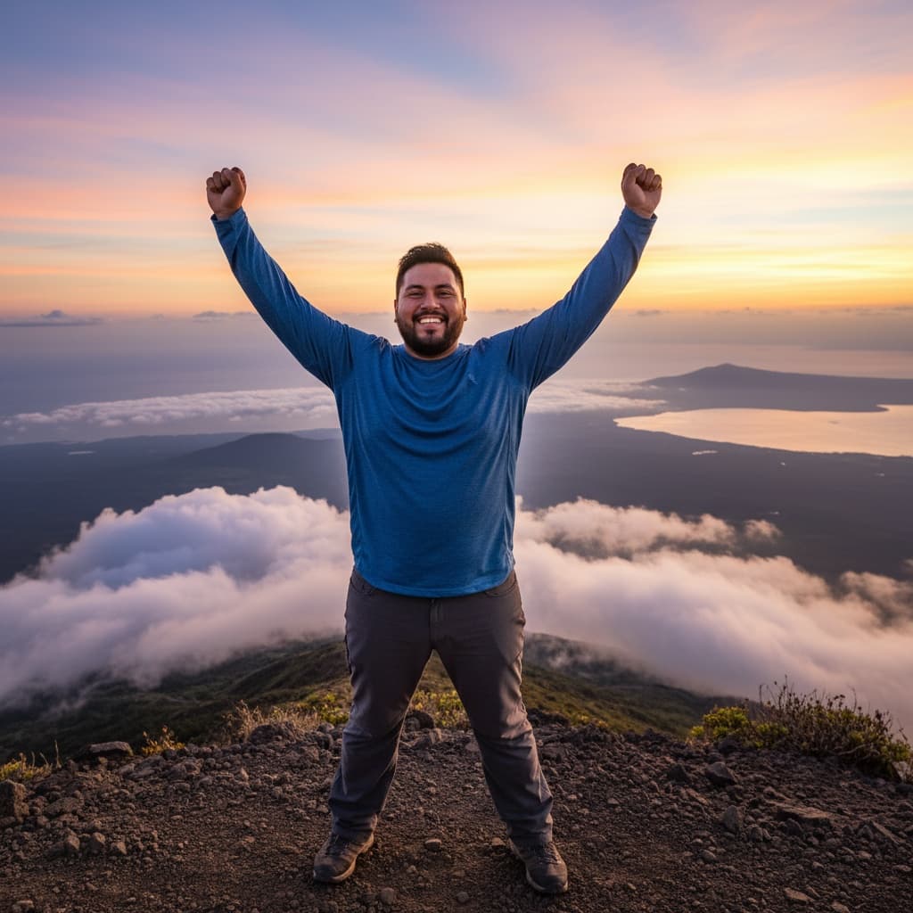 plus_size latino man sunrise hike summit 16691165