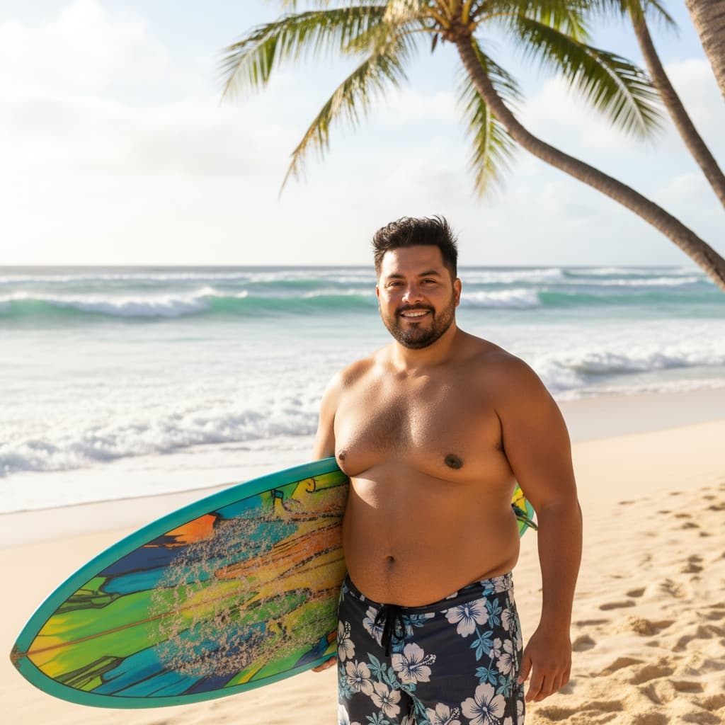 plus_size latino man surfboard beach lifestyle 97717916
