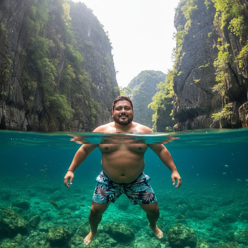 plus_size latino man swimming emerald lagoon 59023403
