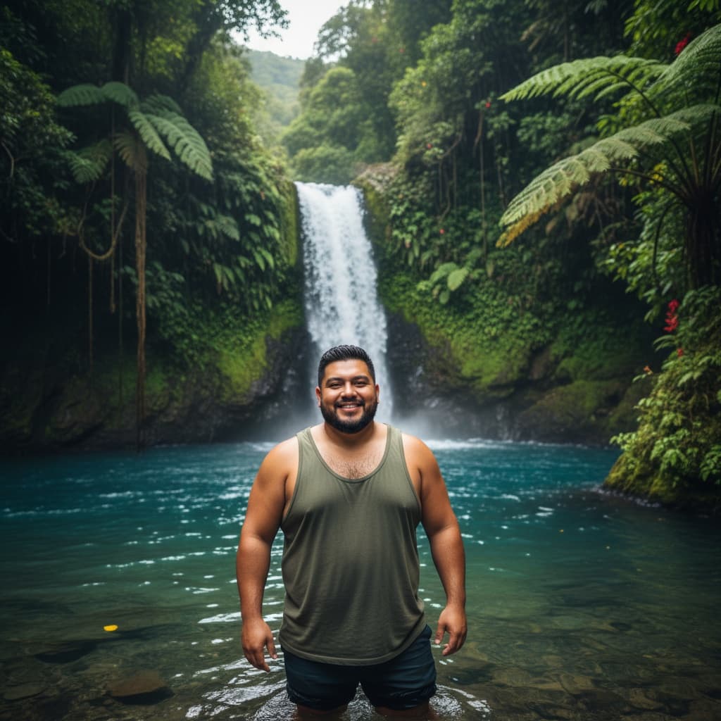 plus_size latino man tropical waterfall paradise 28928269