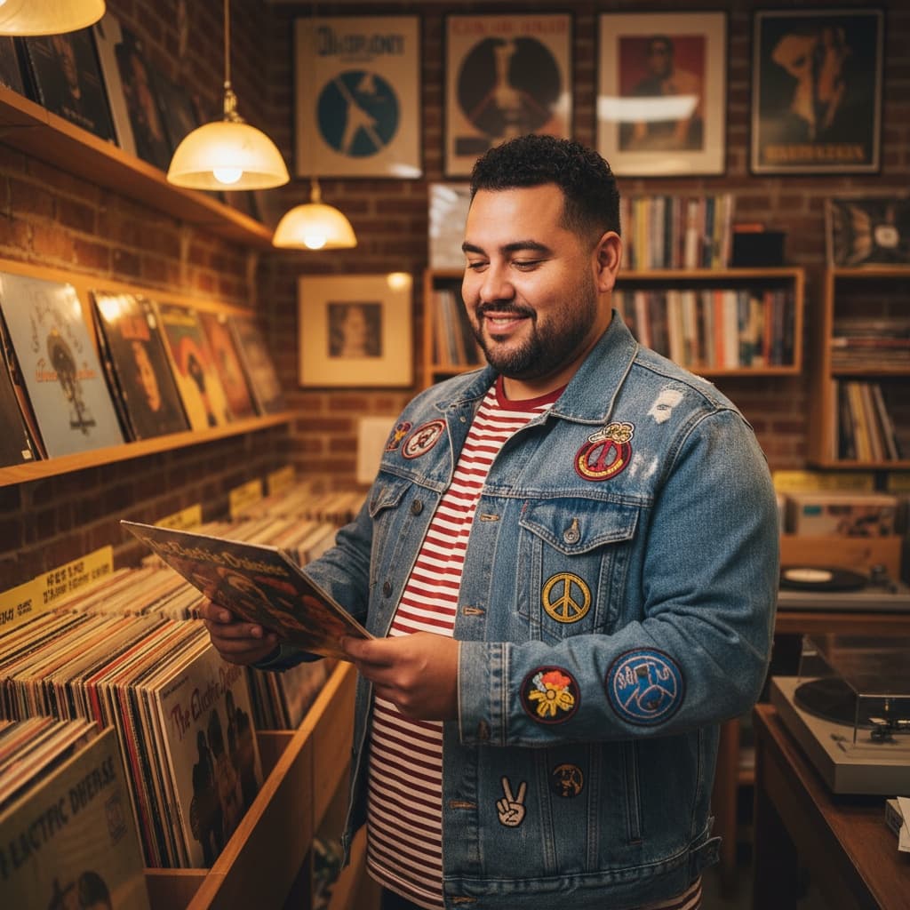plus_size latino man vintage record store vibe 93735567